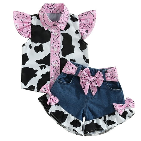 

Kids Baby Girls Summer Outfits Set Cow Print Fly Sleeve Tops Bow Denim Shorts 2Pcs Clothes Suit