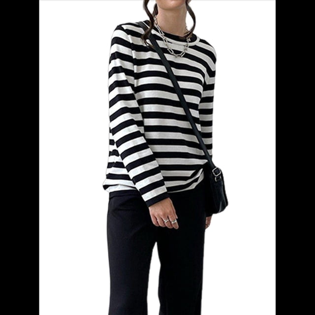 Suéter de Punto Suave A Rayas para Mujer, Camisas Holgadas Negro L