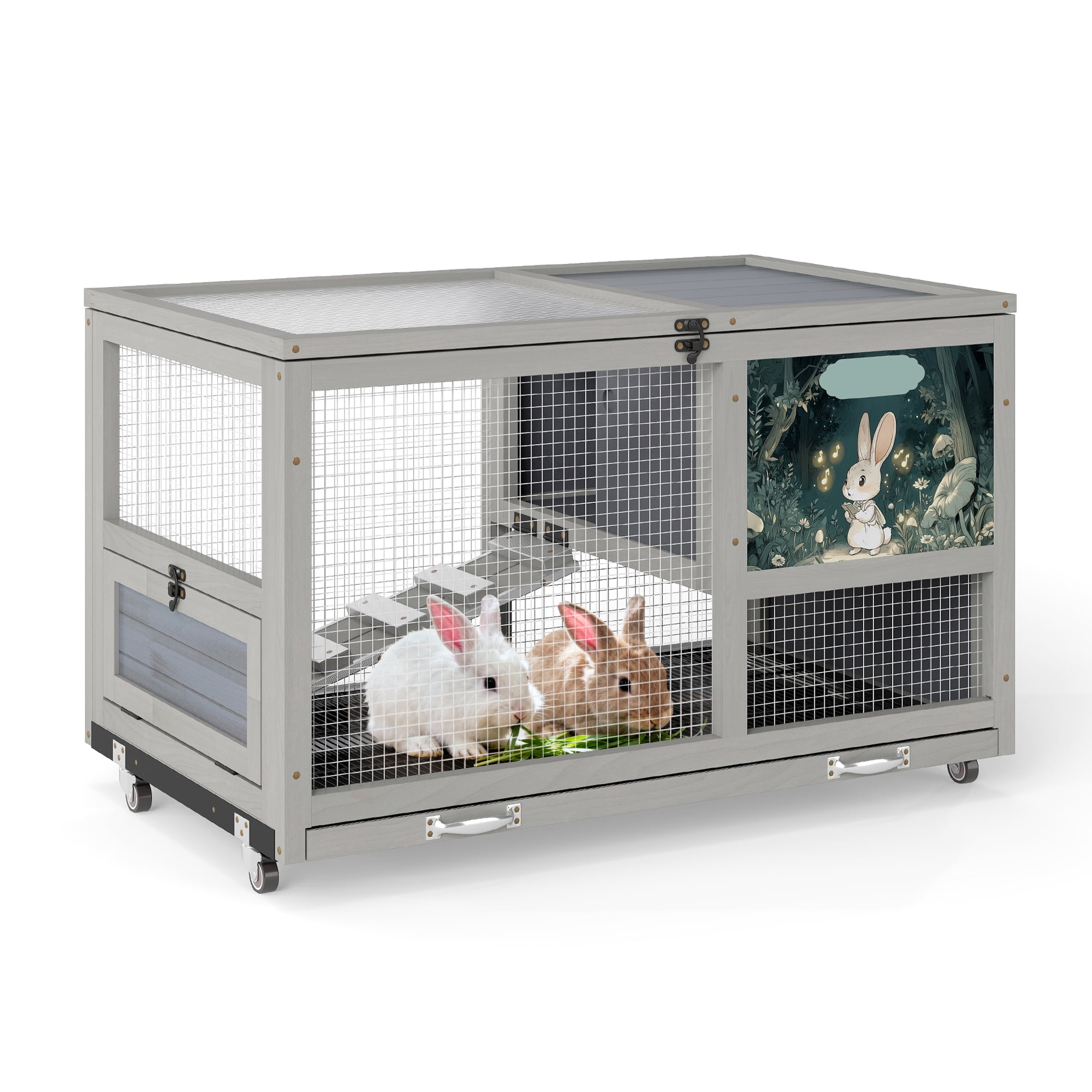 Fashion Wooden 36Inches Rabbit Hutch Outdoor with wheels Bunny Cage Indoor&Pull Out Tray, Openable Roof