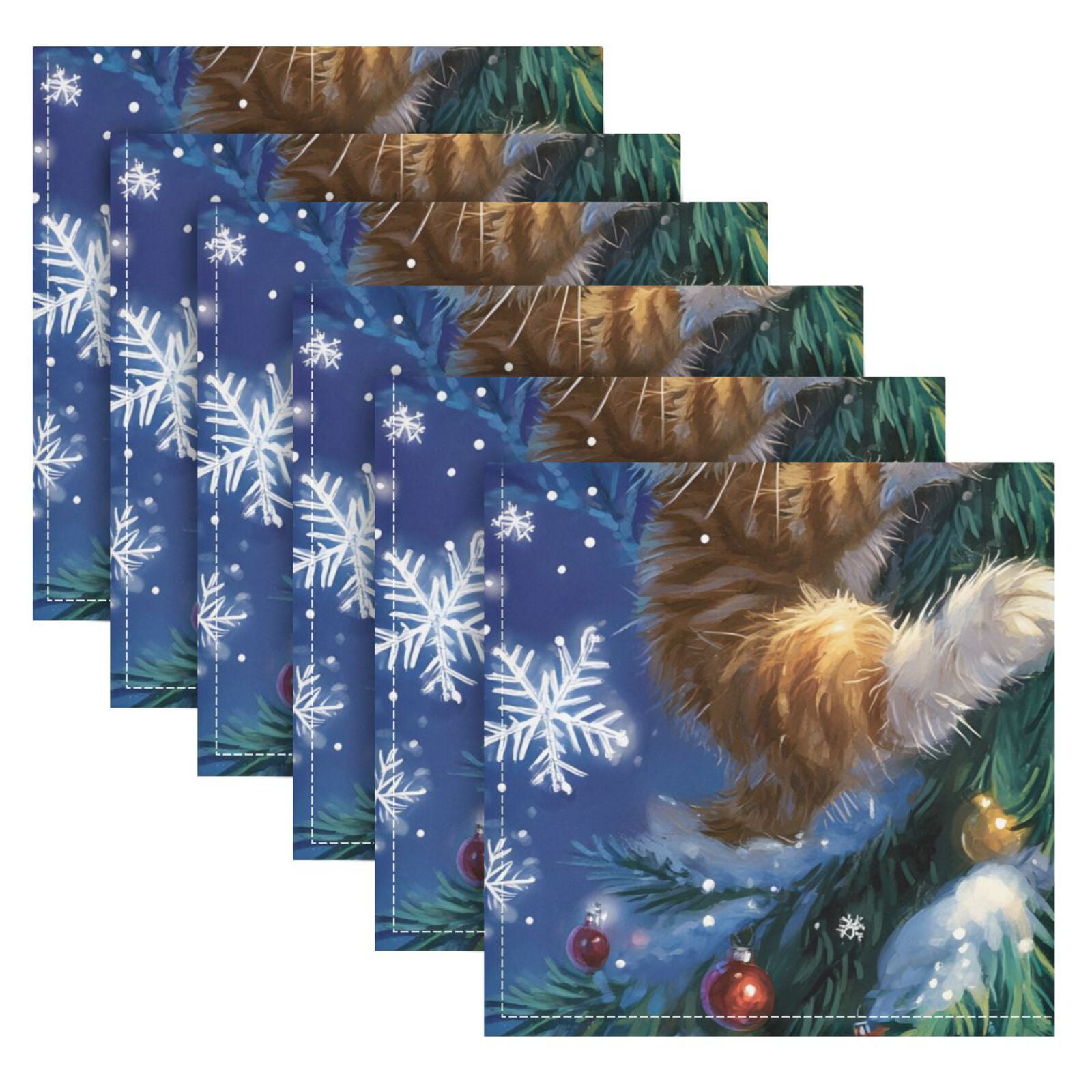 JSTEL Christmas Tree Cat Cloth Napkins Set of 6, 20x20 Inch Washable and Reusable Napkin for Decoupage Dinner Party Everyday Use