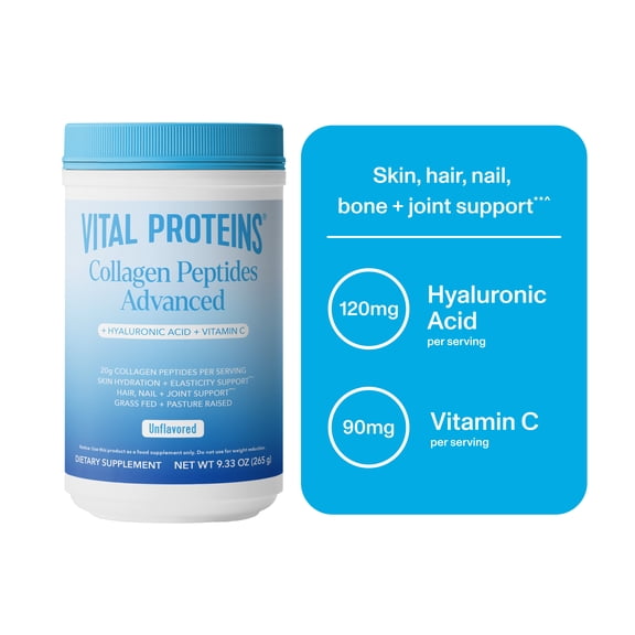 Vital Proteins Grass Fed Collagen Peptides Advanced Powder Supplement, with Hyaluronic Acid   Vitamin C, Unflavored Collagen Support, 9.33oz