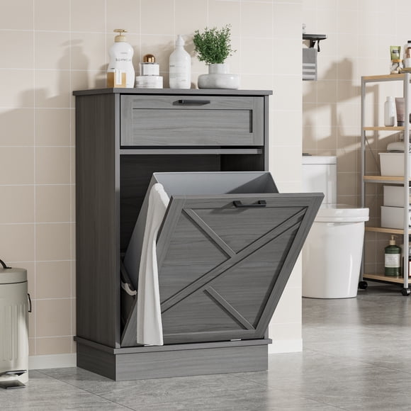 Eumyviv Tilt Out Trash Cabinet, 10 Gallon Gray Kitchen Bin Holder, Easy-Grip Handle 35° Tilt Door to Keep Kids & Pets Out, Modern Hide Garbage Can Storage for Kitchen Bathroom H0130