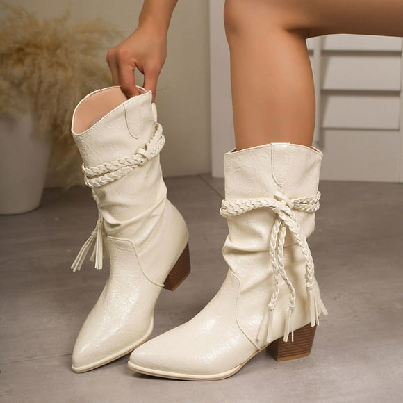 Lovzfmll Cowboy Boots for Women, Fringe Lace Up Mid Calf Pointed Toe Mid Heel, Chunky Mid Heel Pointy Toe Tassel Chelsea Leather Boots Casual Fall White Boots