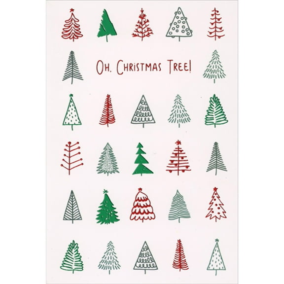 Pictura Oh Christmas Tree: Rows of Small Red and Green Line Drawn Trees Christmas Card