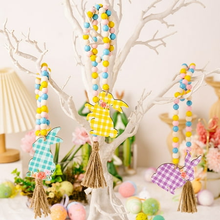 

HEVIRGO Easter Pendant Lattice Pattern Cartoon Design Hanging Wooden Beads Garland with Rabbit Ornament Party Accessories