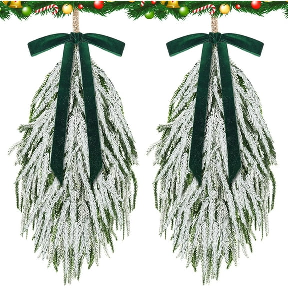 Guvpev 2 Pcs Christmas Teardrop Swags Artificial Snow-Flocked Norfolk Pine Door Swags with Velvet Bow 28" Hanging Garland Greenery Wreath for Holiday Mantel Fireplace Indoor Outdoor Xmas Decor
