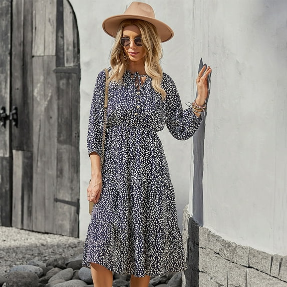 Dresses for Women Maxi Dress V-Neck Autumn And Winter Long-Sleeved Waist Slimming Dress Mid-Length Dress
