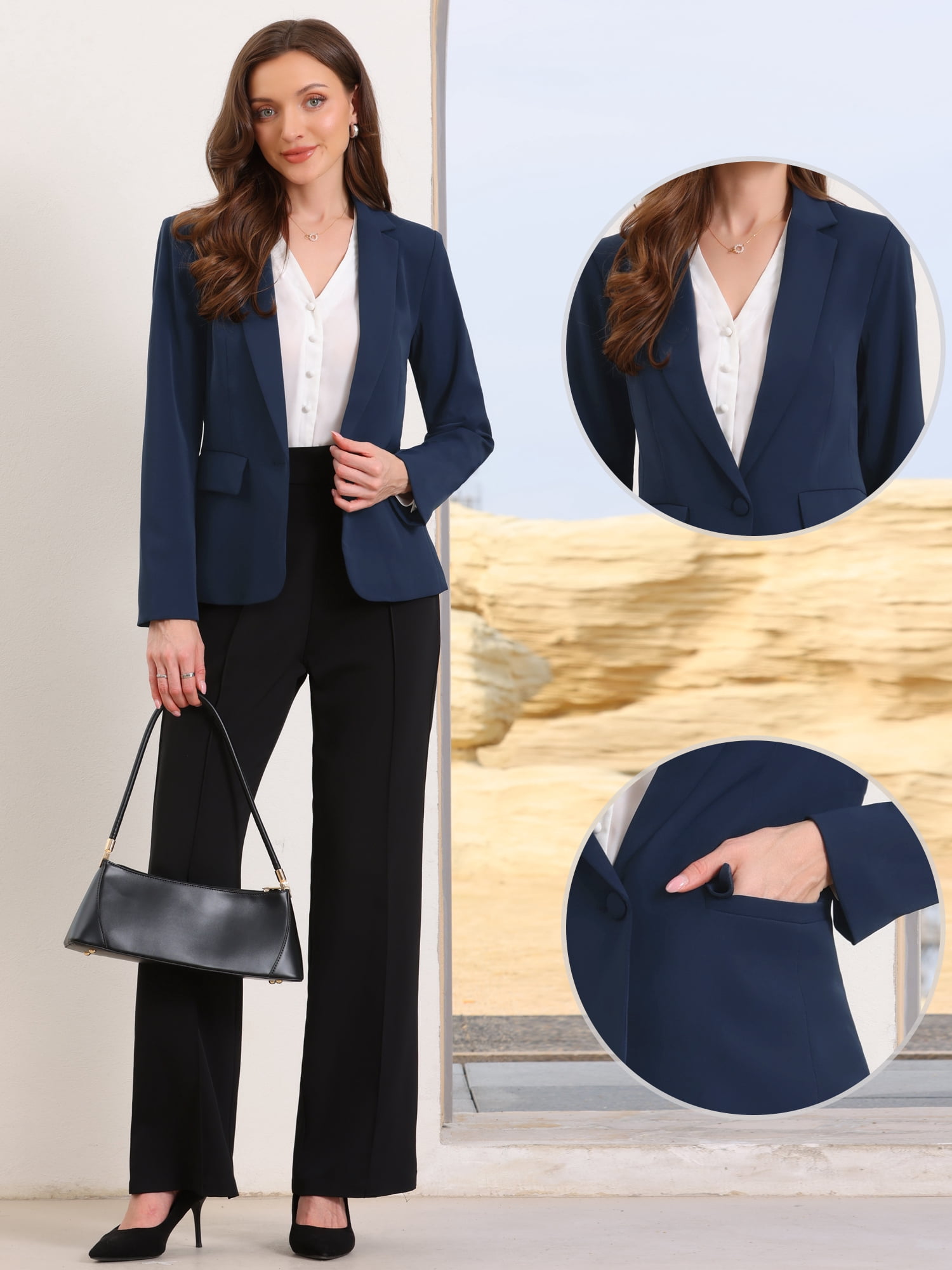 DARING DIVA Women's Casual Long Sleeve One Button Pockets Suit Jacket S Deep Blue