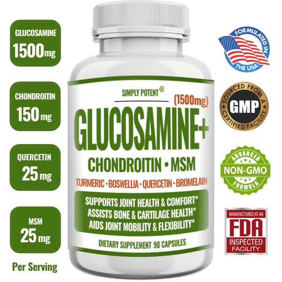 Simply Potent Glucosamine with Chondroitin, Turmeric, MSM & Boswellia, Supports Joint Health & Discomfort Relief, Assists Bone and Cartilage Health, Supplement for Back, Knees, Hands, 90 Capsules