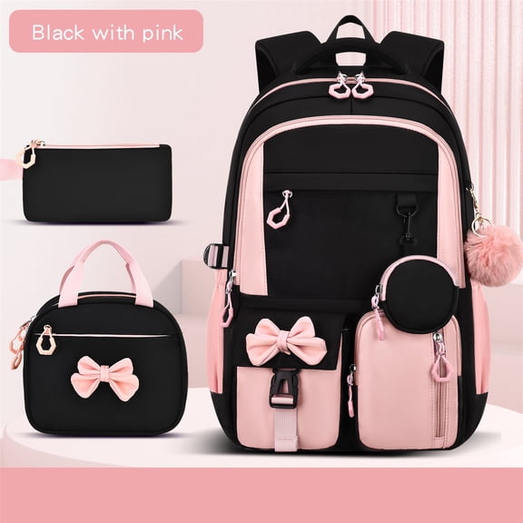 Pink Bowknot Backpack Set 3 Piece, Large Capacity Waterproof Nylon Laptop Bag with Lunch Box Pencil Case