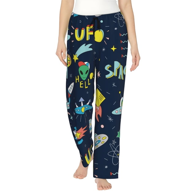 Fotbe Funny Spaceships Pantalones de Pijama para Mujer, Pantalones de Dormir, Pantalones Pj con Cordón y Bolsillos-Medium