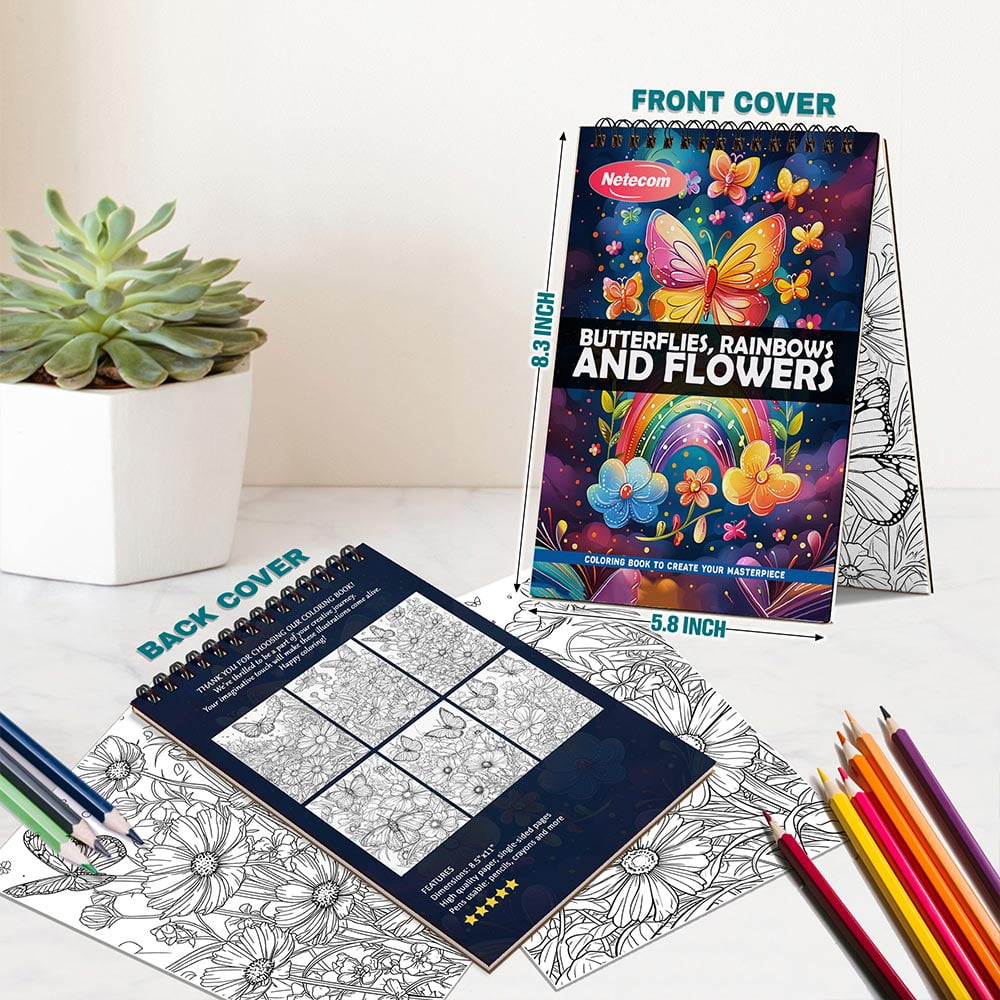 Netecom Butterflies, Rainbows and Flowers Coloring Book Spiral Bound For Adults, A5 Wooden Cover, 30 Beautiful Coloring Pages of Nature's Wonders for Stress Relief and Relaxation