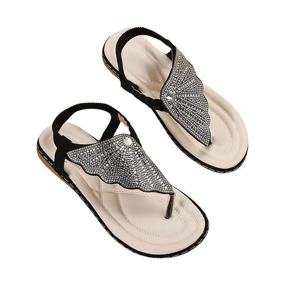 NOKIO Ladies Solid Color Shoes Women's Flat Sandals Casual Glitter Rhinestone Strappy Sandals Clip Toe Slip Heel Sandals