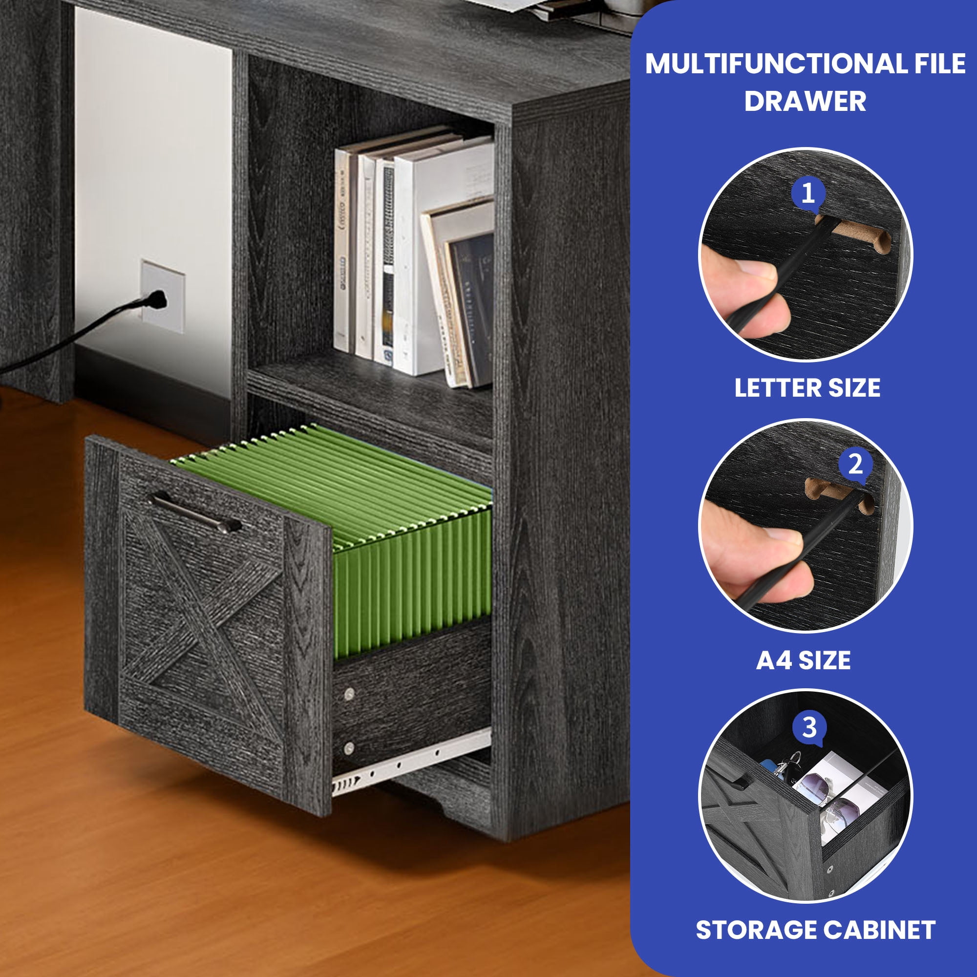ModFusion 59 Inch L Shaped Corner Computer Desk with Power Outlets & USB Ports, Office Desk with File Drawer, Monitor Stand & Storage Shelves, Rustic Gray
