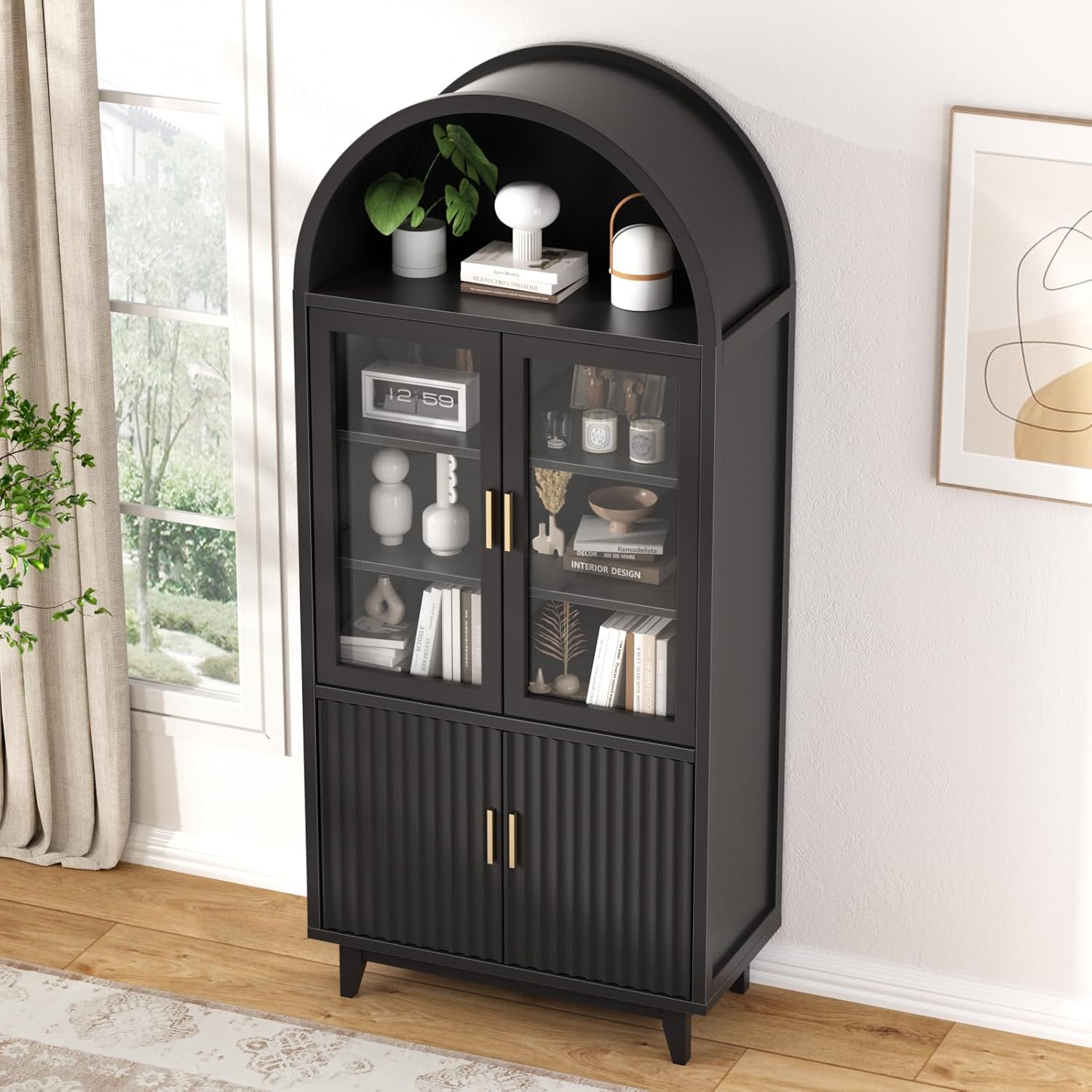 Vabches Arched Kitchen Pantry Storage Cabinet, 71" Tall Fluted Cabinet with 2 Glass Doors, 2 Doors for Kitchen, Living Room, Bedroom