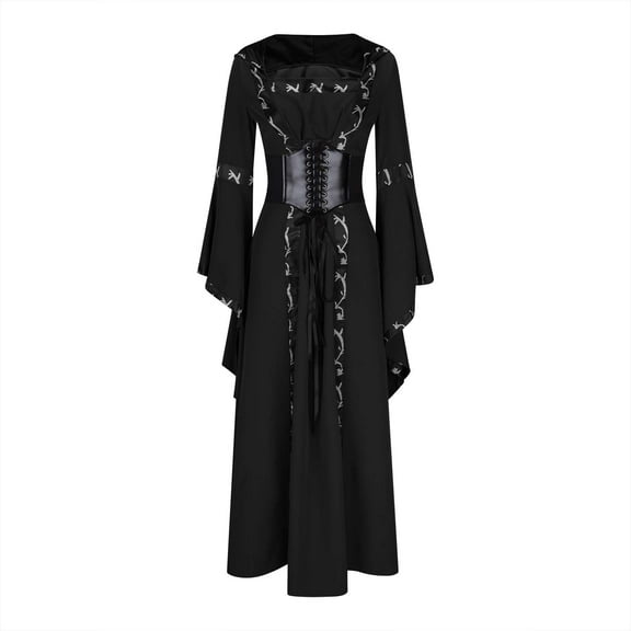 Qulqfy Black Women Dresses Long Bell Sleeve Medieval Maxi Plus Size Renaissance Cocktail Gothic Dresses Womens Dresses Fall L