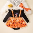 thumbnail image 2 of Whouriu Newborn Girls Halloween Outfit Set 2Pcs Ghost Pumpkin Print Long Sleeve Romper Dress with Bow Headband Infant Party Clothes, 2 of 9