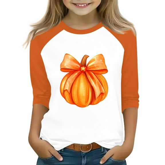Abcomgle Halloween Shirts for Kids Boys Spooky Bow Pumpkin Graphic T-Shirts for Kid Girls Crewneck 3/4 Raglan Sleeve T Shirts for Girls Fall Funny Cute Top for Girls,6-7 Years