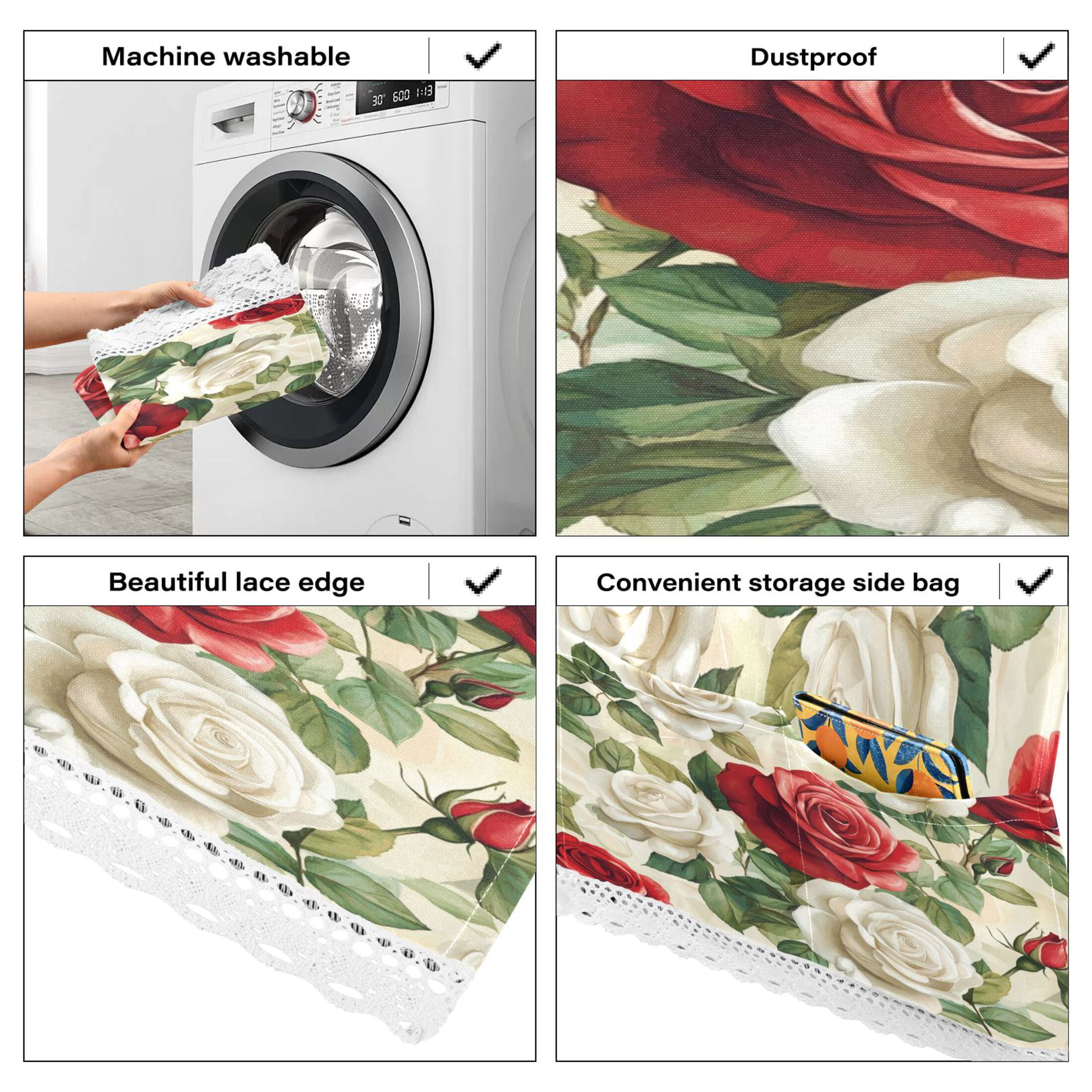 WOBOGO Red White Rose Pattern Washing Machine Cloth Dryer Refrigerator Top Cover Protective Non-Slip Mat For Kitchen Laundry