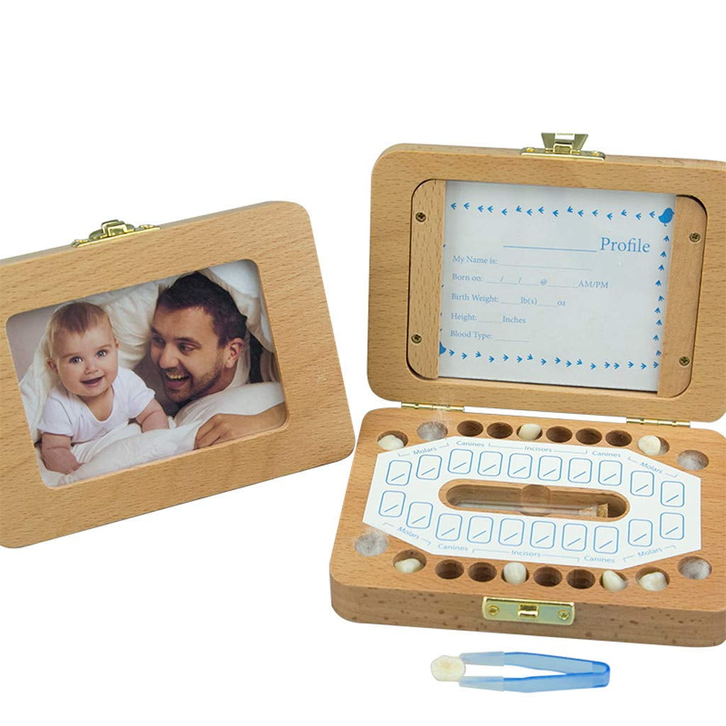 Boys Baby First Tooth Fairy Keepsake Box for Kids Blue Wooden Tooth Saver & Storage Box Tweezers and First Hair Bottle Included Love Baby Tooth Box