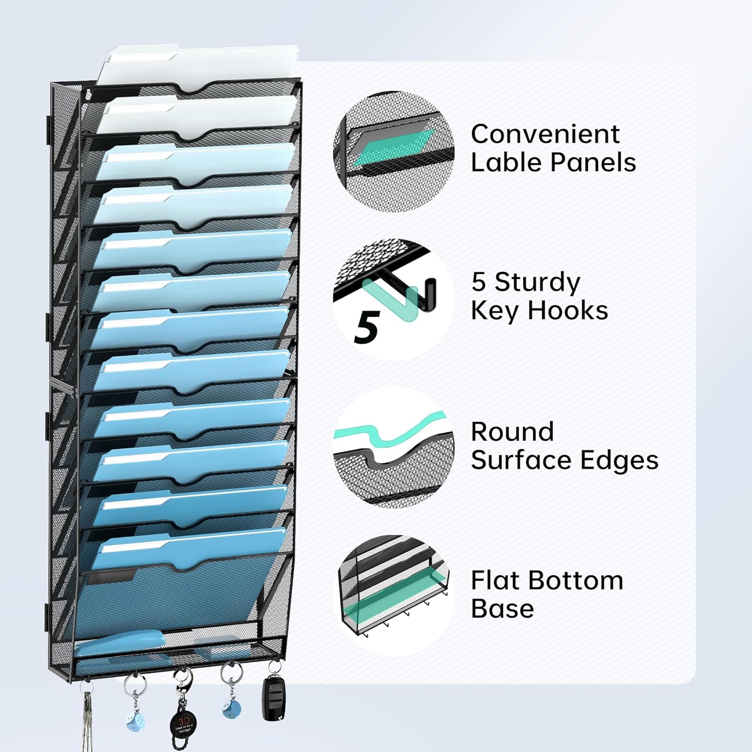 INTIGE 13-Tier Metal Hanging File Organizer with Hooks, Wall Mounted Paper Organizer, Screw Mount