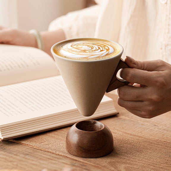 Ice Cream Cups Conical Ceramic Mug 180Ml with Wood Base, Coffee Cups Ceramic, Food-Grade, Heat Insulation for Pour-Over, Elegant Home Use