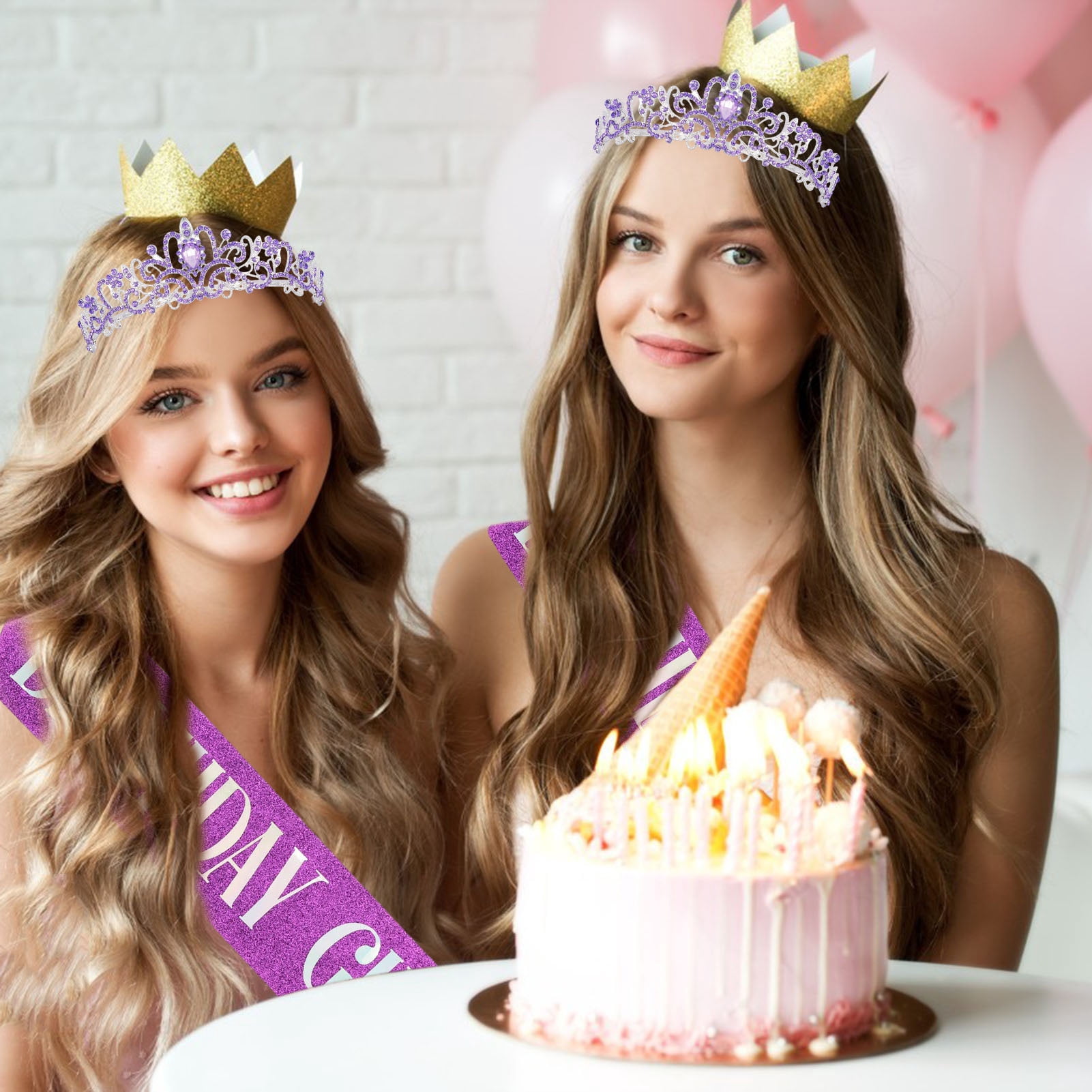 Warkul 2Pcs/Set Women Shiny Rhinestone Birthday Tiara Crowns Belt Set Girls Princess Crown with Combs Birthday Party Decoration