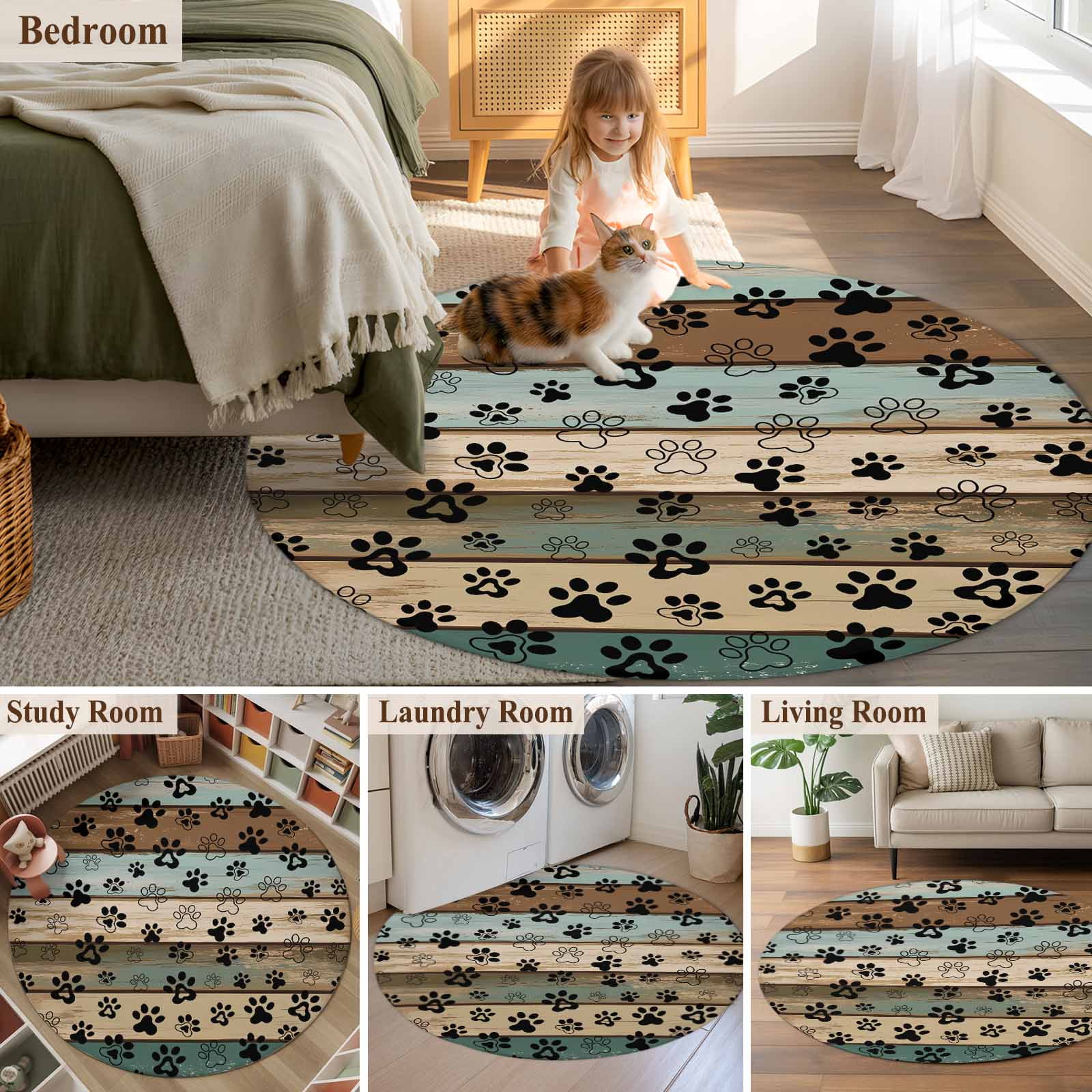 Dog Paws Printed Round Rugs 3ft, Vintage Teal Brown Wooden Farmhouse Non Slip Washable Rug Runner, Low Pile Indoor Floor Carpet Mat Bathroom Rugs for Living Room, Bedroom, Kids Room