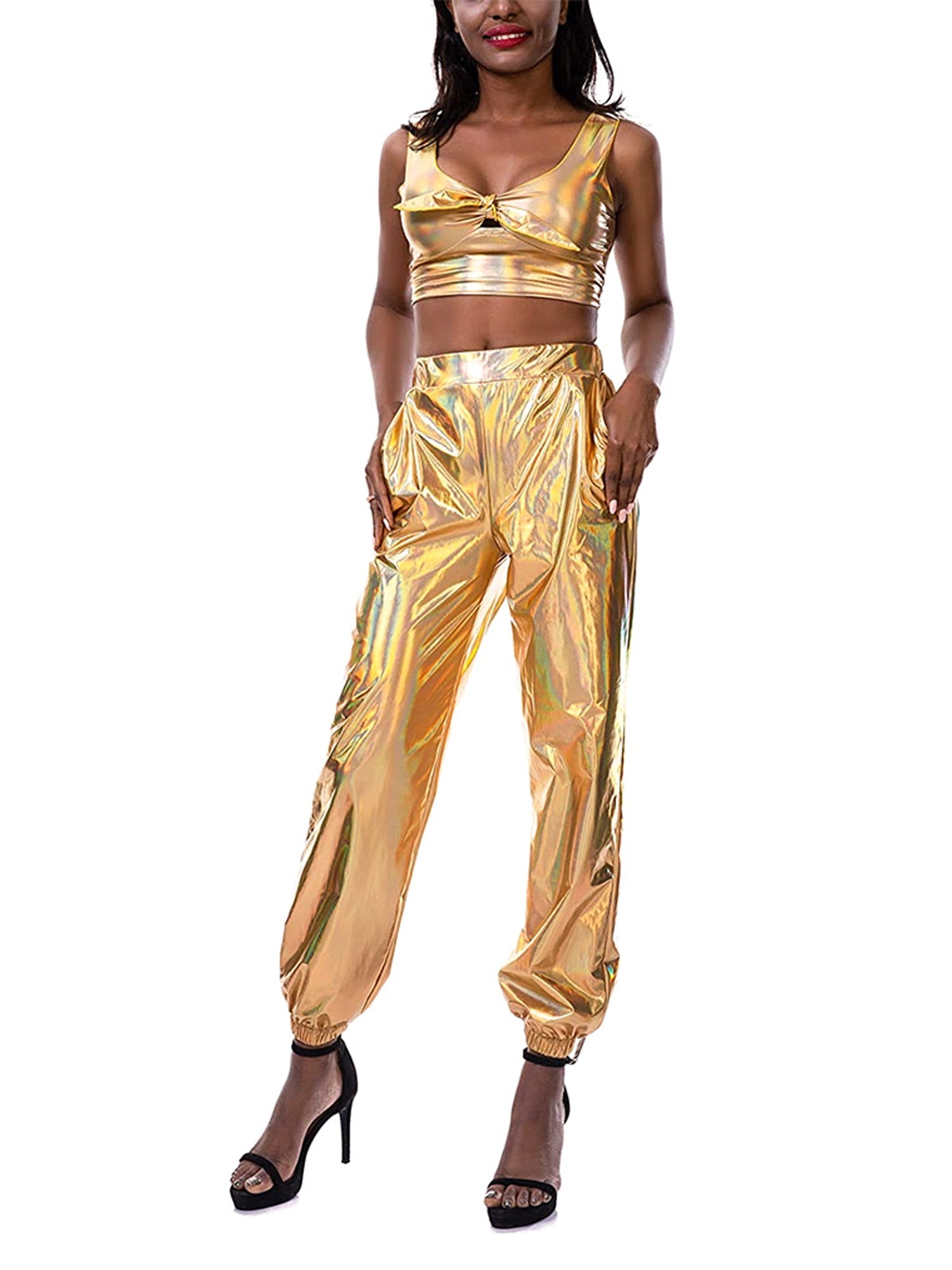 Diconna Metallic Shiny Jogger Pants Women Harem Hip Hop High Waisted ...