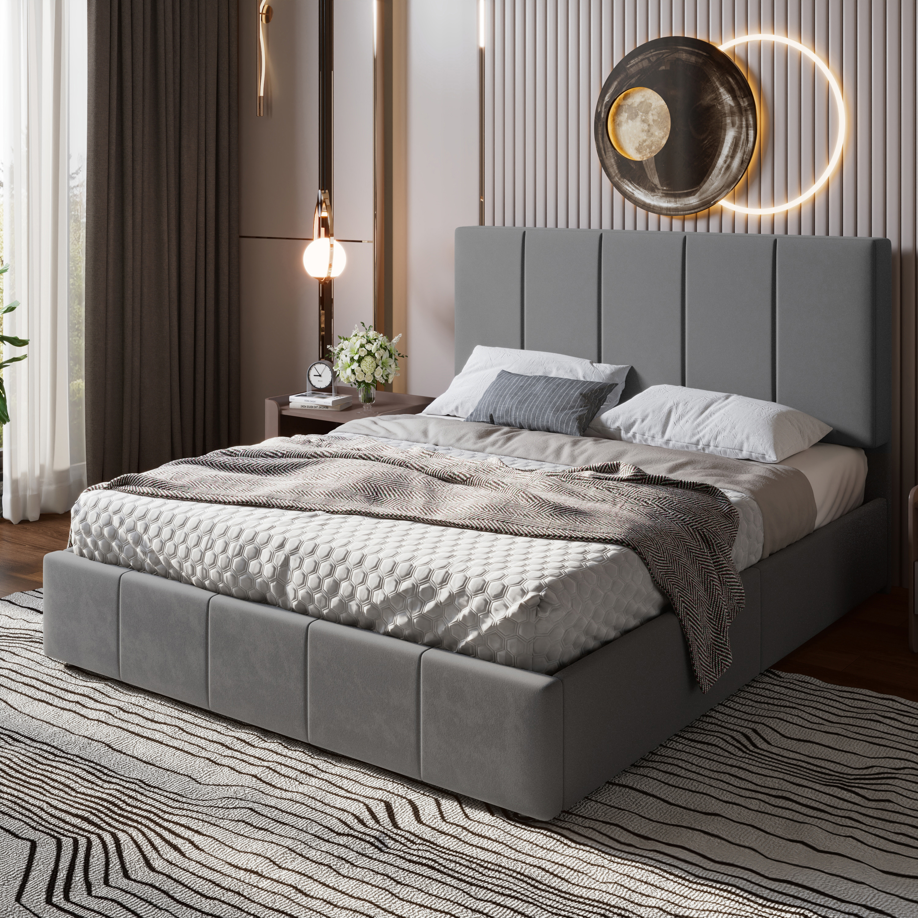 Einfach Queen Size Storage Bed Frame, Lift Up Velvet Platform Bed with Adjustable Upholstered Headboard, No Box Spring Needed, Gray