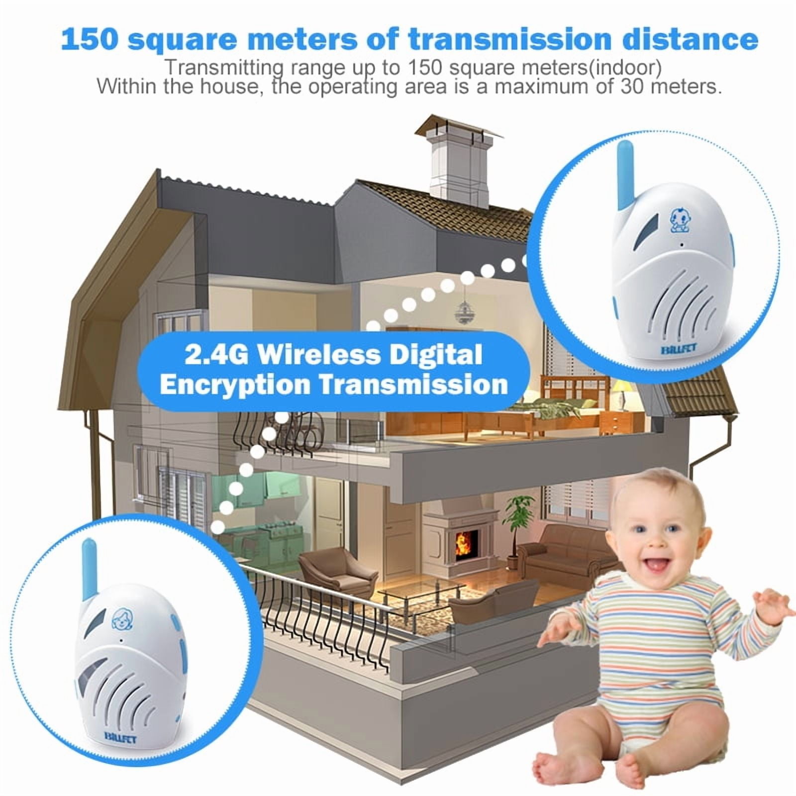 Upgraded audio baby monitor with USB charging cable for use with power banks, long range and crystal clear sound