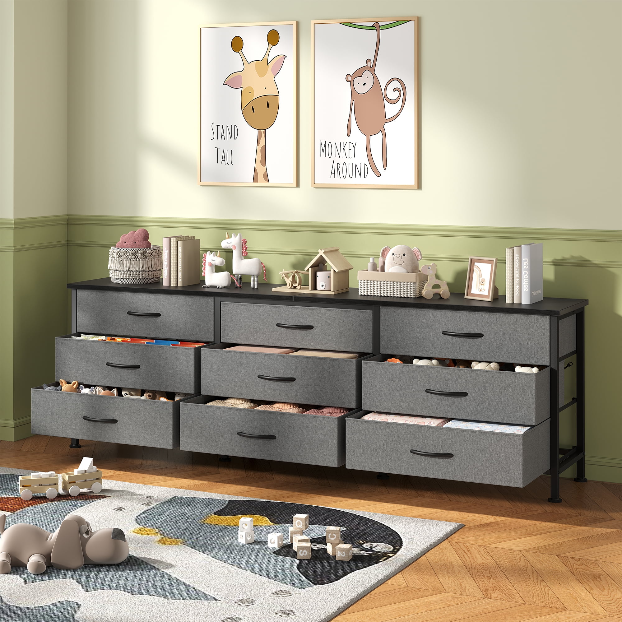 JIOABL 66 inch Wide TV Stand Dresser, 9-Drawer Storage Cabinet for 75 inch TV, Entertainment Center with Wood Top for Living Room, Grey