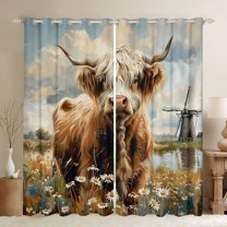 Castle Fairy Boys Girls Highland Cattle Curtains Pack of 2 (42x84 Each),Floral Daisy Curtains Blackout,Farmhouse Animal Bedroom Curtains,Microfiber Bedroom Decor