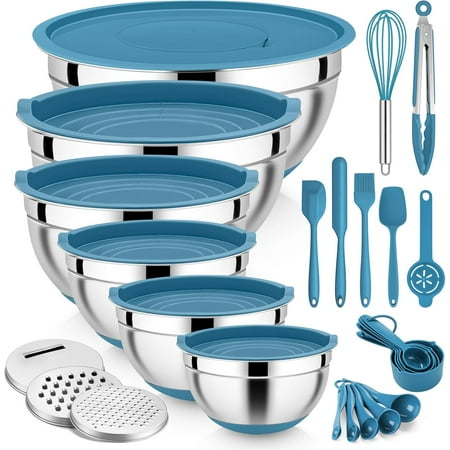 

HYKE 25PCS Mixing B with Lid Set Stainless Steel Nesting Prep B with Grater Attachments Non-Slip Bms for Coo Ba Serving Food Storage 4.6/2.6/2/1.5/1/0.7QT - Blue