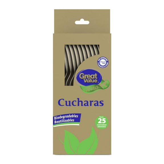 Cucharas Great Value terra biodegradables grandes color beige 25 pzas