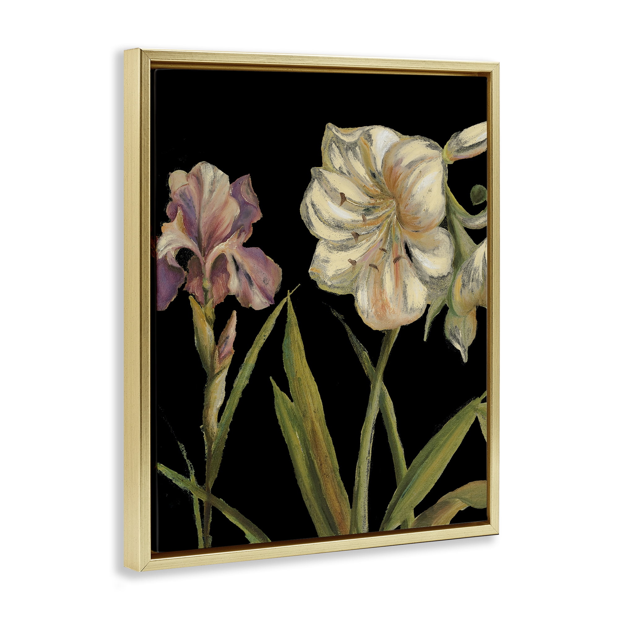 Stupell Industries Iris Flowers on Black Botanical & Floral Painting Gold Floater Framed Canvas Art Print Wall Art, 17 x 21