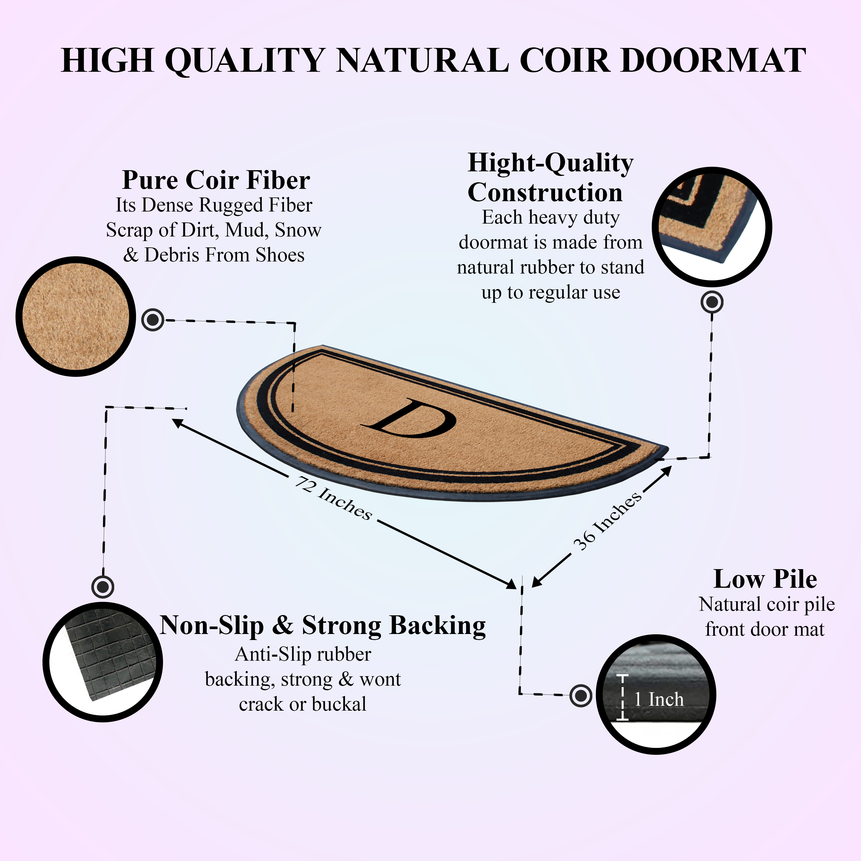 A1HC 36"x72" Natural Coir & Rubber Semicircular Monogrammed Door Mat, Thick, Durable, Heavy-Duty Welcome Mat for Front Door, Black Border