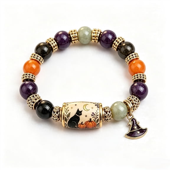 ZhangC Halloween Black Cat Pumpkin Beaded Bracelet Gift Set, Limited Edition 2026 Stretch Halloween Bracelet with Witch Hat Charm, Spooky Season Jewelry for Women, Fall Jewelry Gift