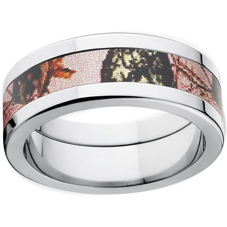 Mossy Oak Pink Break Up Women's Camo 8mm Stainless Steel Wedding Band with Polished Edges and Deluxe Comfort Fit