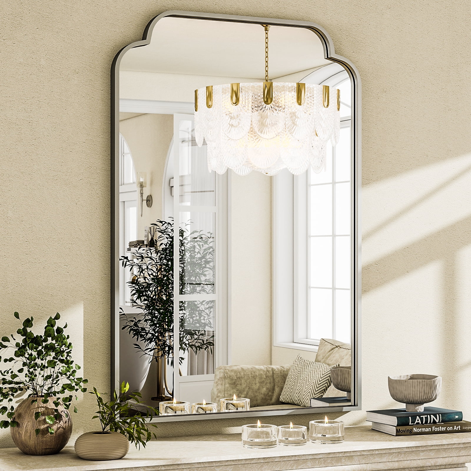 BEAUTYPEAK 30"x40" Arched Bathroom Mirror with Curved Top Modern Decorative Wall Mirror with Deep Frame, Silver