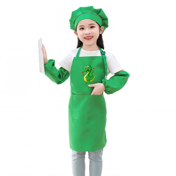 AUQ Kids Chef Hat and Apron,Polyester Fiber Cloth Waterproof Apron,Slim-Fit Silhouette Kids Aprons for Cooking,Green3