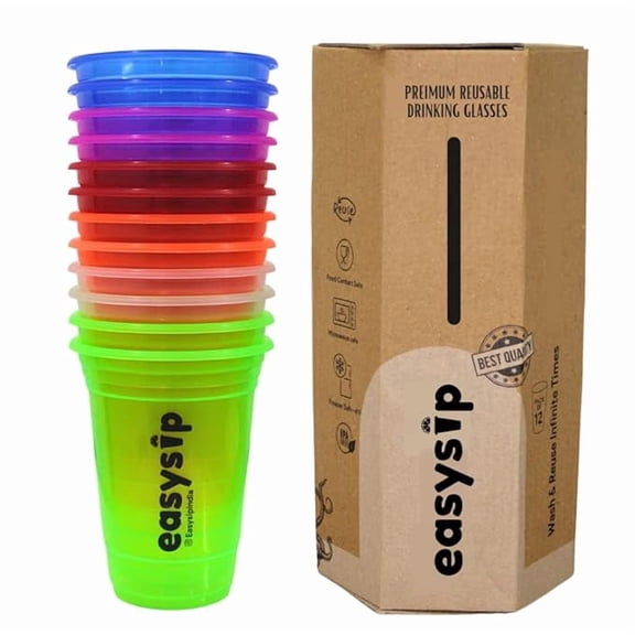 EasySip Reusable Party Glasses | Drinking Glass | BPA-Free | Leak Proof House Party Dispenser | Colourful Juice Tumbler Assorted Cups | Pack of 12 (400 ML - Multicolor)