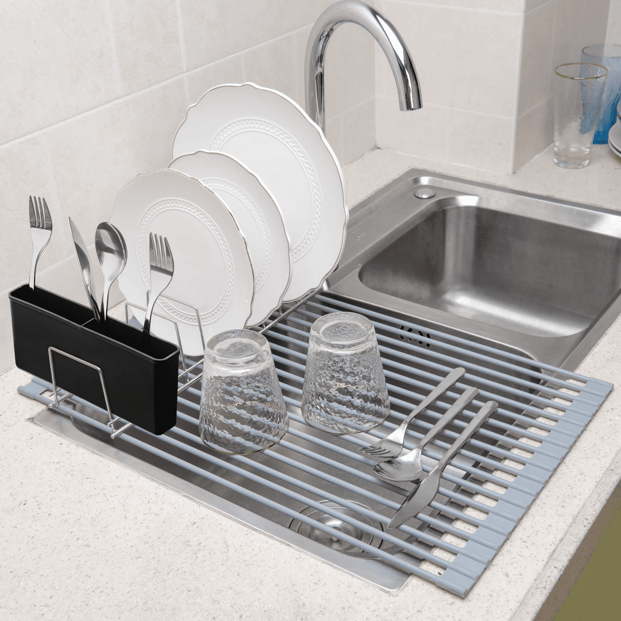 Oizeir Roll Up Dish Drying Rack - Silicone Coated Stainless Steel, Over The  Sink, Foldable, Heat-Resistant, Anti-Slip, Dish Drainer. (17 x 12.5)
