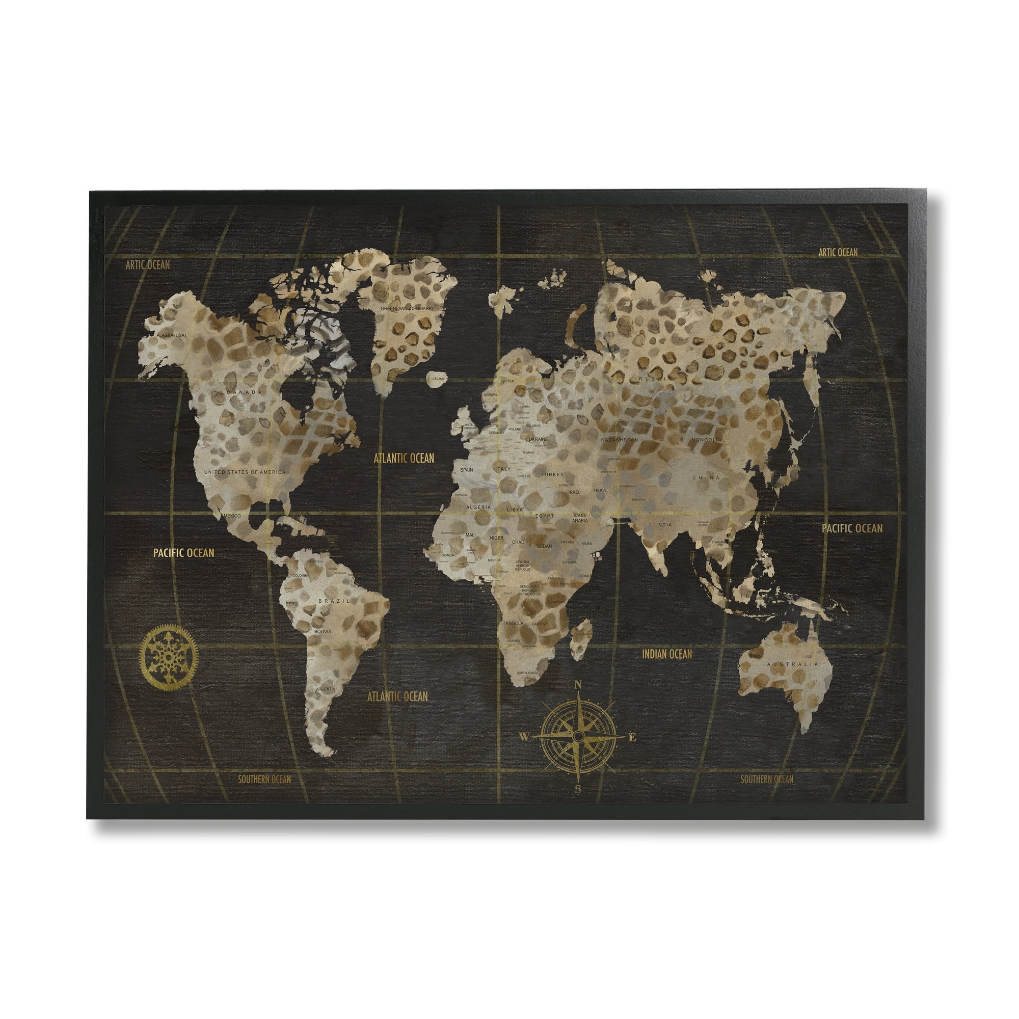 Stupell Industries Rustic Giraffe Animal Pattern Atlas Map Compass Graphic Art Gray Framed Art Print Wall Art, Design by Nan