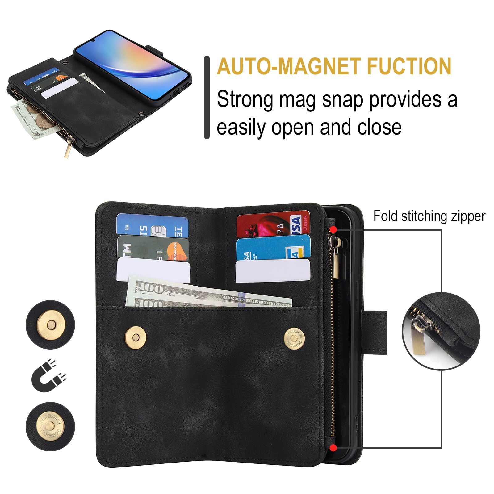 for Samsung Galaxy S24 FE Wallet Case with Card Holder for Women Men, Phone Case RFID Blocking PU Leather Flip Shockproof Cover with Shoulder + Wrist Strap Zipper Credit Card Slots Stand, Black