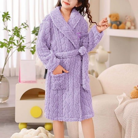 

Hicidod Girls Bathrobes Soft Flannel Hooded Fuzzy Kids Robe Sleepwear Fashion Solid Fall Winter Warm Cozy Robes with Belt