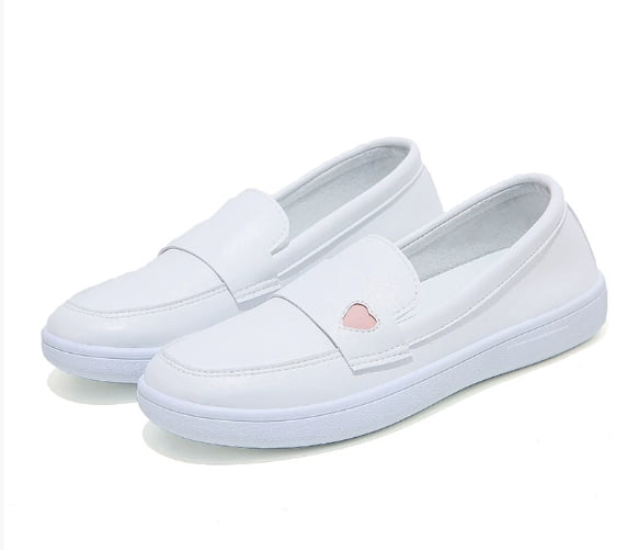 Women's White Slip-On Loafers with Heart Detail, Comfortable Casual Flat Shoes, Breathable Daily Wear Shoes for Women
