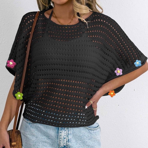 Taylonsss Womens Crochet Tops Flower Hollow Out Cover Up Short Sleeve Knit Pullover Sweater Summer Beach Cover Up