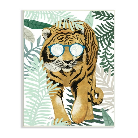 Stupell Industries Funny Tiger Wearing Glasses Green Fern Leaf Plants, 10 x 15, Designed by Elizabeth Medley