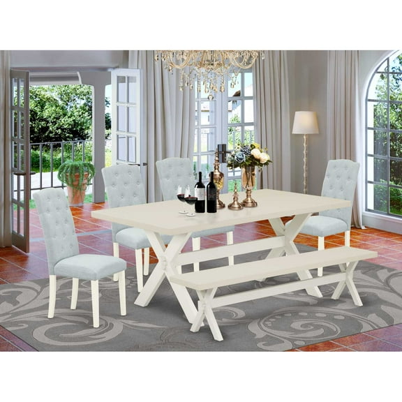 East West Furniture X-Style 6-piece Wood Dining Set in Linen White/Baby Blue